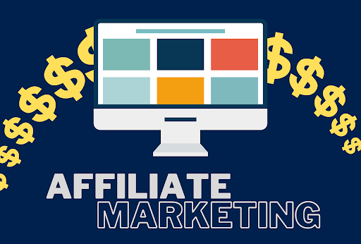The phrase "Affiliate Marketing" displayed in bold letters over a visually appealing graphic design of a computer screen. The colorful display on the screen adds a vibrant touch, representing the dynamic and diverse nature of affiliate marketing.