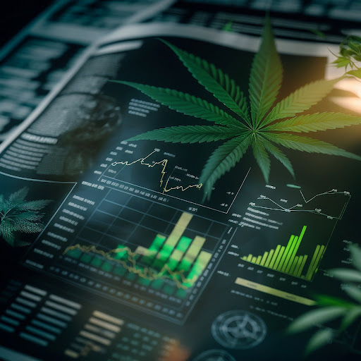 A marijuana leaf positioned on a background featuring informational text and graphics with charts and digital data. This composition combines the natural symbol of the marijuana leaf with the concept of informative news and data, suggesting the intersection of cannabis-related information and the digital age.