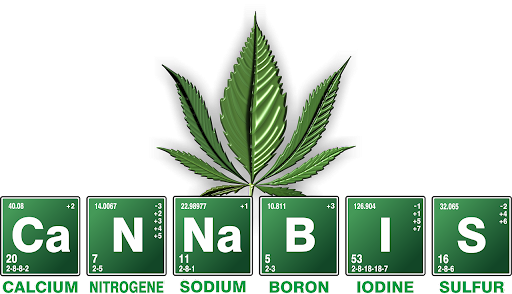 The word "Cannabis" spelled out as a chemical formula on a blackboard, with each letter represented by a corresponding chemical element symbol. For example, "Ca" represents calcium and "N" represents nitrogen, creating a unique and scientific portrayal of the term "Cannabis".
