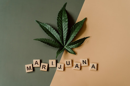 Wooden letter pieces form the word "Marijuana" alongside a vibrant green leaf.